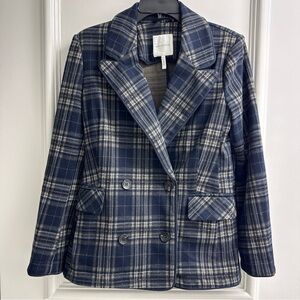 Avec Les Filles Double-Breasted Knit Plaid Blazer Navy Plaid Size XS